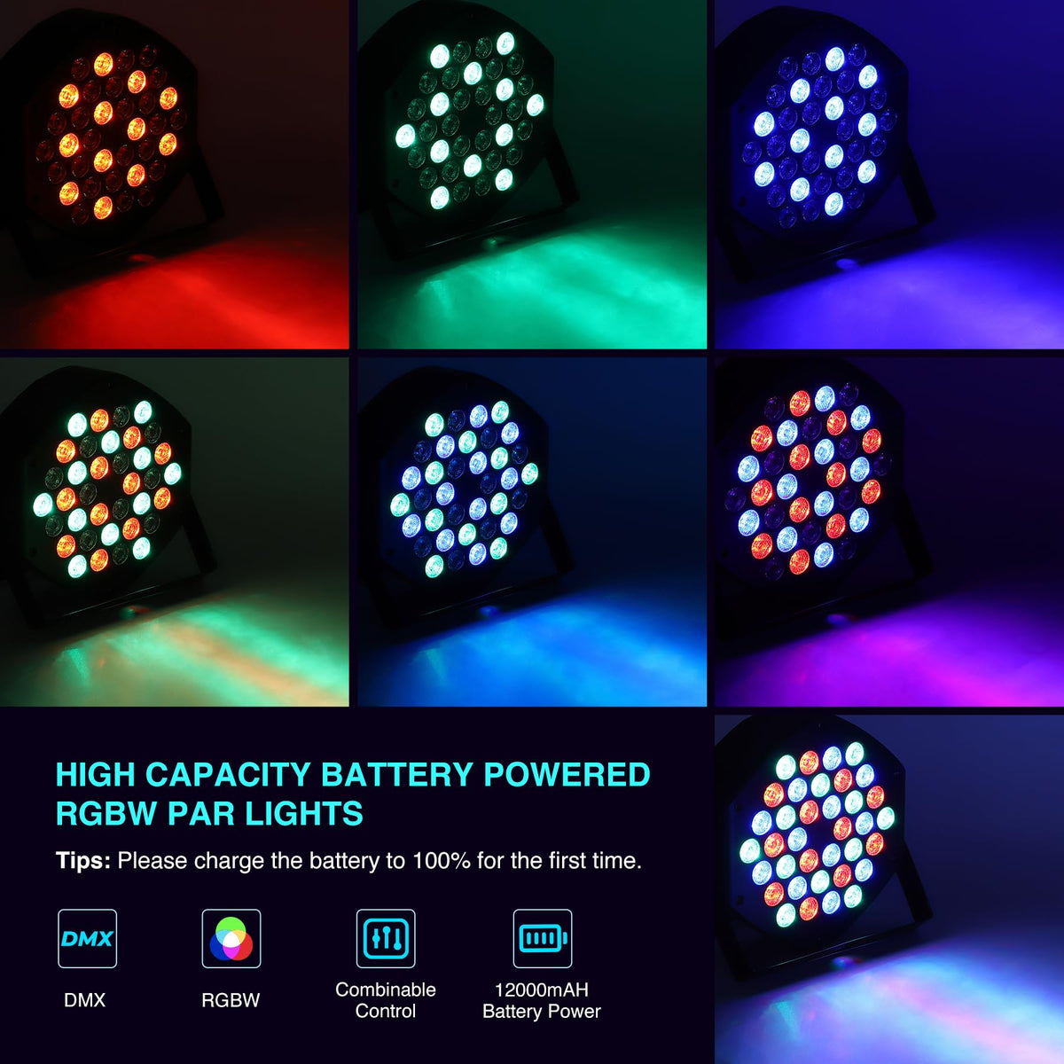 Garvee projecteurs de scène LED RGB rechargeables, 36 LED, 7 modes, télécommande, contrôle DMX, polyvalents pour DJ, discothèque, fêtes, bars, Halloween, Noël