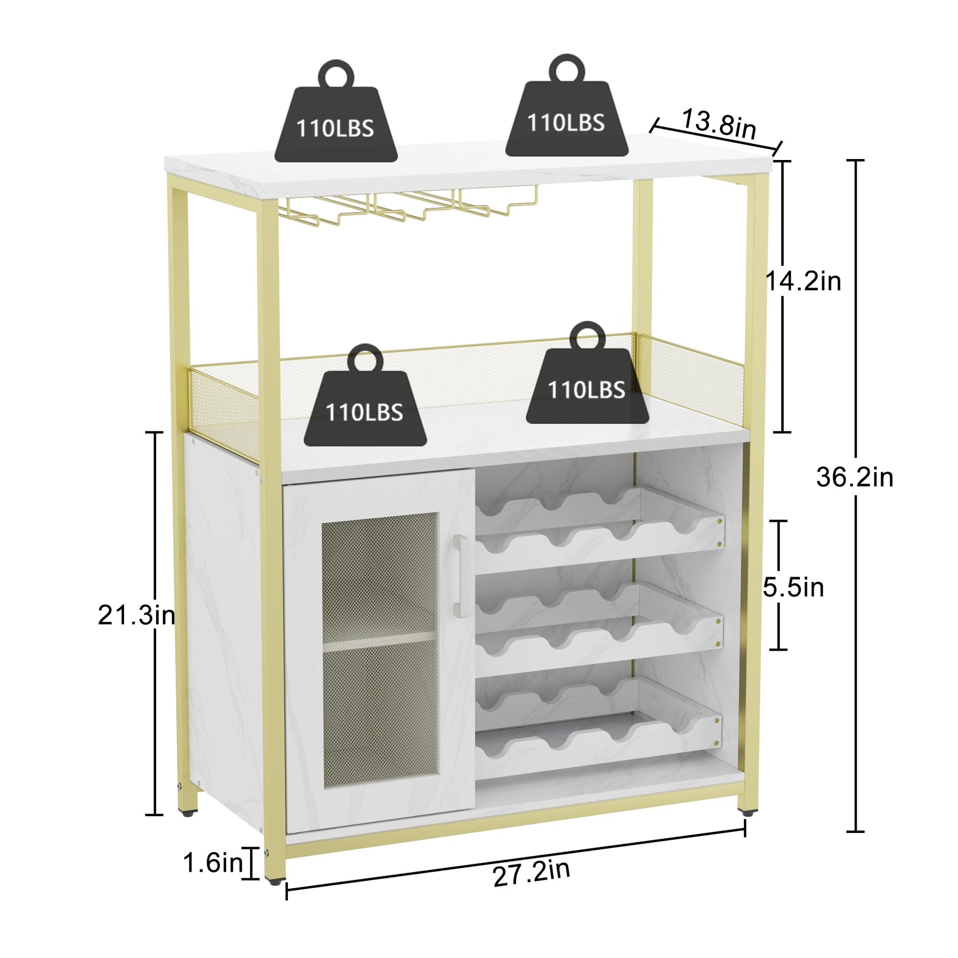Garvee Meuble bar cave à vin 69 x 35 x 92 cm, casier à bouteilles amovible, porte-verres, structure MDF et fer doré, idéal pour salon, salle à manger et bar.
