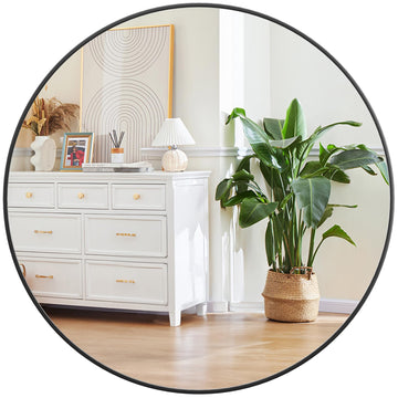 Miroir mural rond noir Garvee 91 cm (36 pouces), cadre en métal, verre 5 mm, style moderne, idéal pour salle de bain et salon.