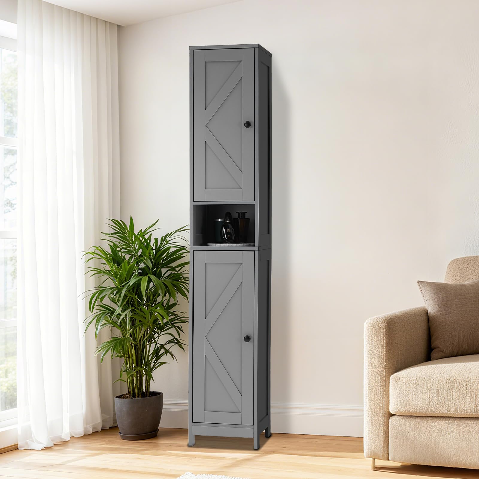 Meuble de salle de bain Garvee de 170 cm de haut avec 2 portes coulissantes de style grange et 1 tiroir, étagères réglables, bois massif, style campagnard, étroit, blanc, polyvalent pour la salle de bain et la cuisine