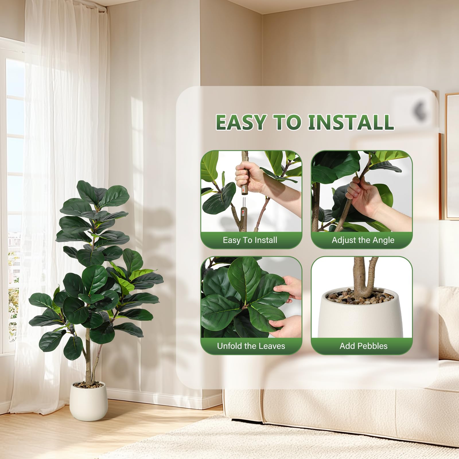 Ficus lyrata artificiel Garvee de 120 cm (4 pi) avec 48 feuilles, pot blanc de 20 cm (7,8 po), base en ciment robuste pour salon et bureau