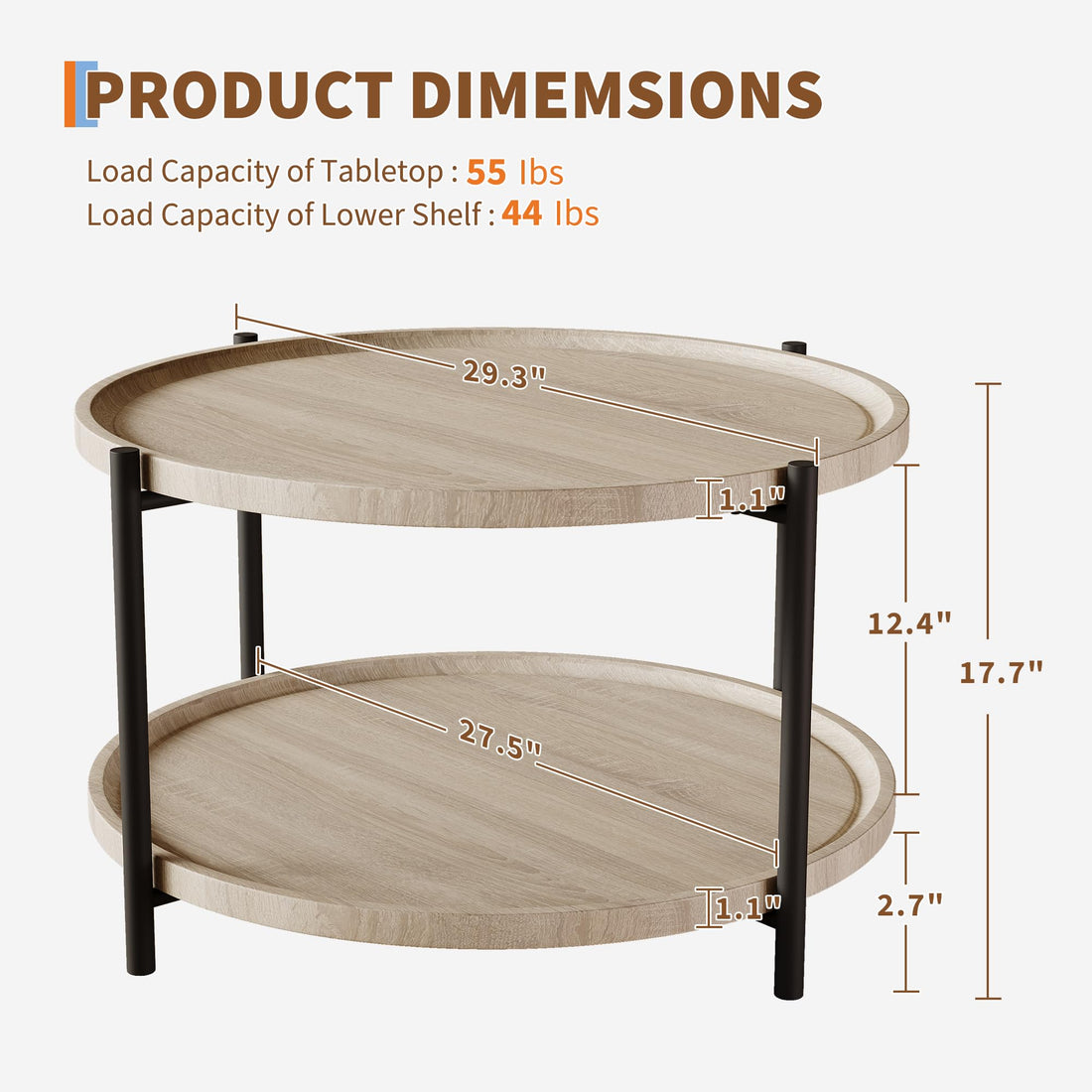 Garvee table basse ronde, en bois et métal, avec 2 étagères de rangement, idéale pour les salons et les petits espaces, compacte, style vintage, marron