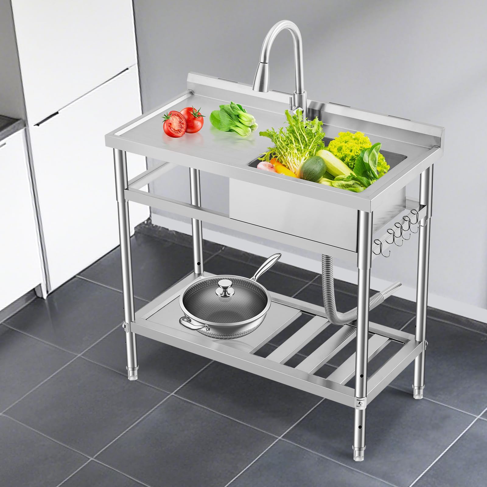 Garvee Évier Professionnel Inox 304 99 cm avec Robinet Pivotant 360°, Étagère Réglable, Multifonction Cuisine et Garage