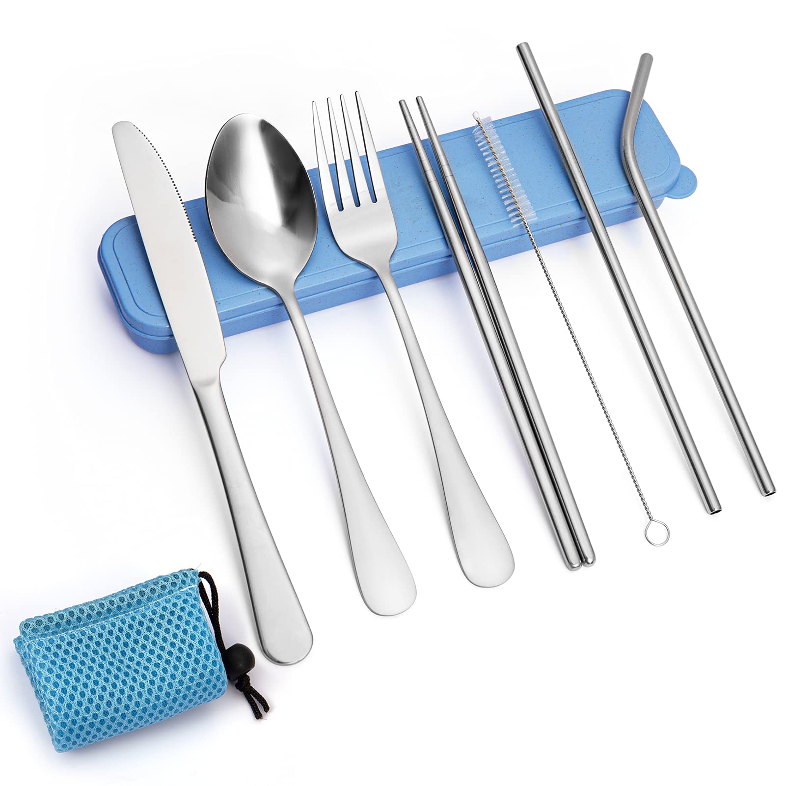 Ensemble de couverts Garvee 9 pièces en acier inoxydable pour les voyages, le camping et les pique-niques en plein air, avec rangement, bleu.