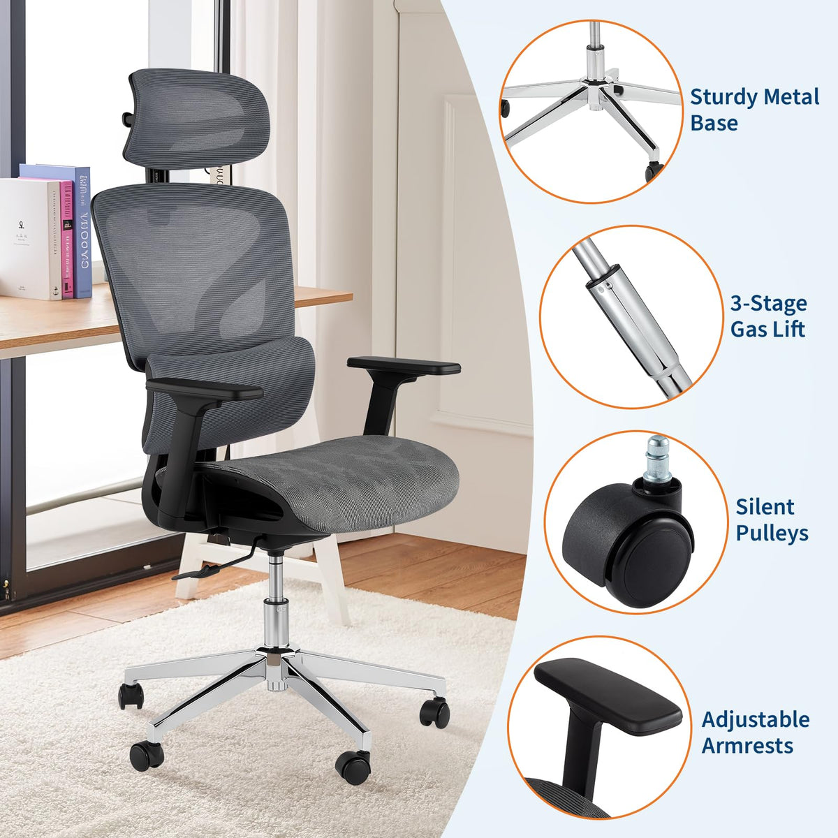 Chaise de bureau ergonomique Garvee avec tissu mesh respirant, accoudoirs 3D, hauteur d'assise réglable, repose-pieds en acier, inclinaison à 135°, grise, idéale pour le bureau et le gaming.