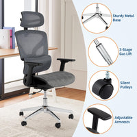Chaise de bureau ergonomique Garvee avec tissu mesh respirant, accoudoirs 3D, hauteur d'assise réglable, repose-pieds en acier, inclinaison à 135°, grise, idéale pour le bureau et le gaming.