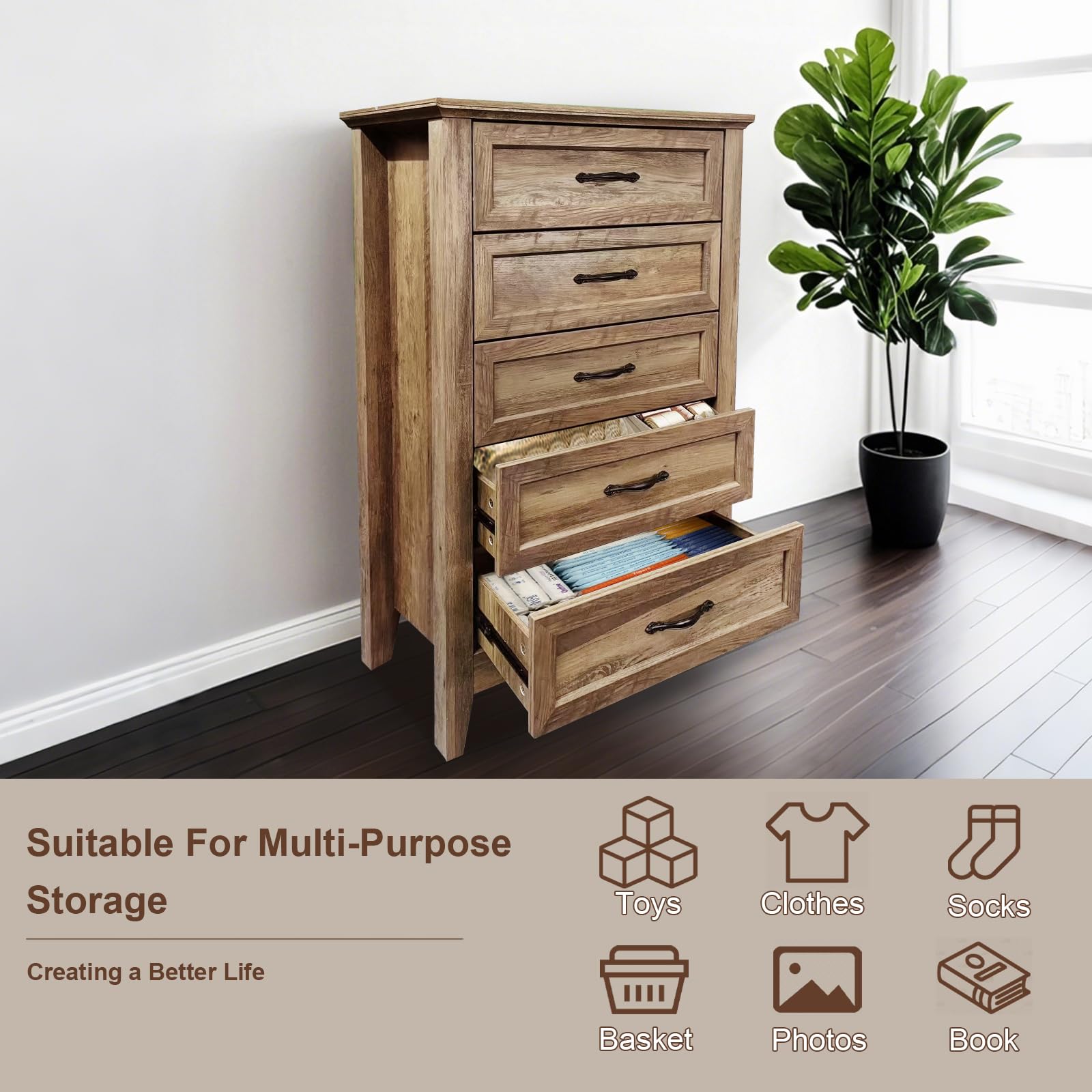 Garvee commode style campagne, 5 tiroirs, bois vieilli, imperméable, chambre, salon, 40 × 70 × 114 cm, brun