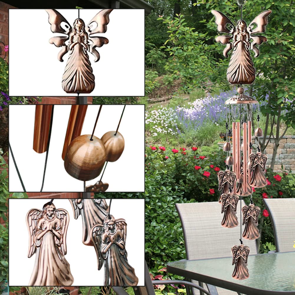 Carillon éolien rétro Garvee avec motif d'ange, résistant aux intempéries, en métal, pour jardin et terrasse, couleur argent.