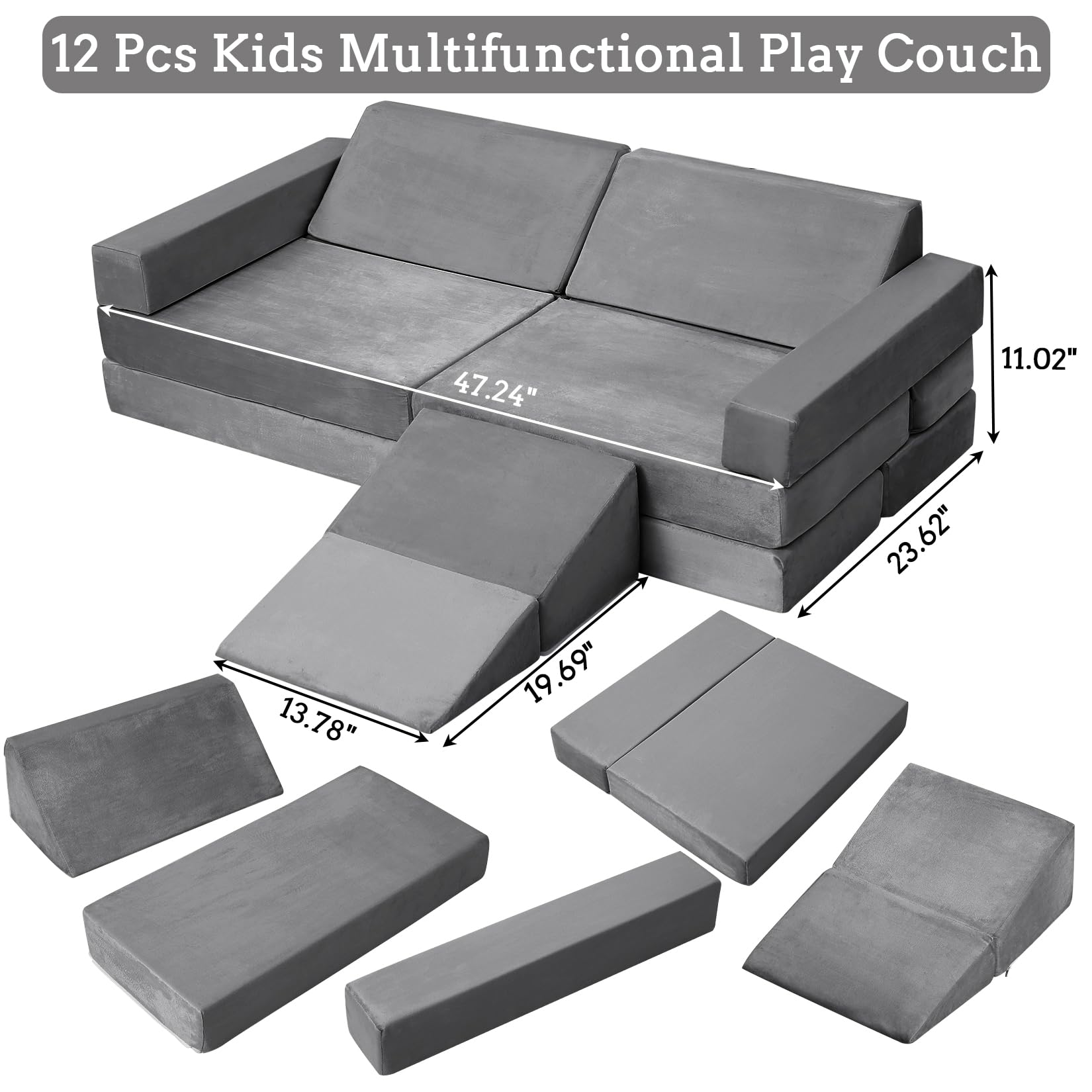 Garvee Canapé de jeu modulable enfant avec 12 blocs en mousse, dépliable, sûr et lavable, idéal chambre d’enfant et salle de jeux, coloris cordon matelassé