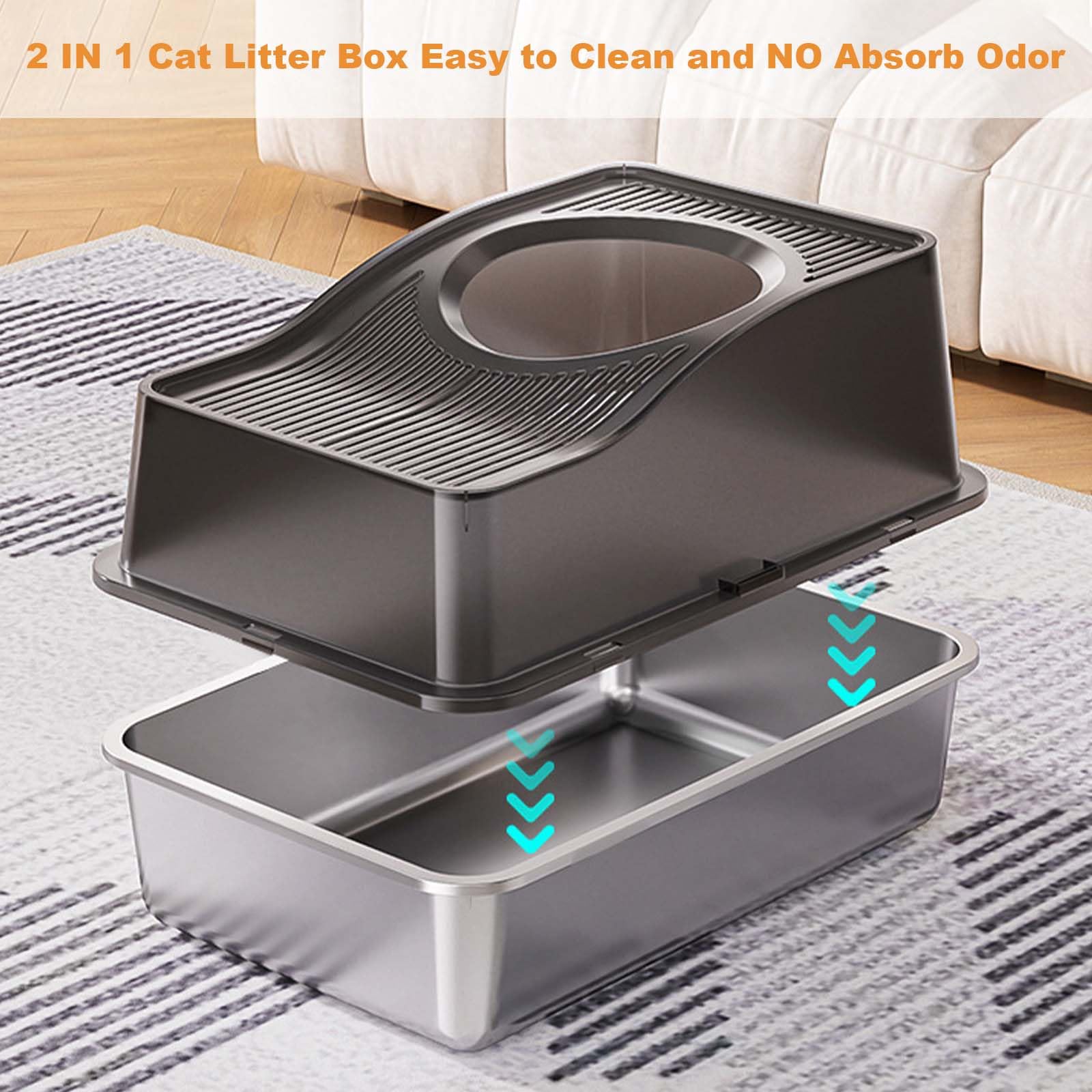 Garvee Bac à litière en acier inoxydable avec couvercle, extra large, bords hauts, inodore, pour chats jusqu'à 15 kg, argent