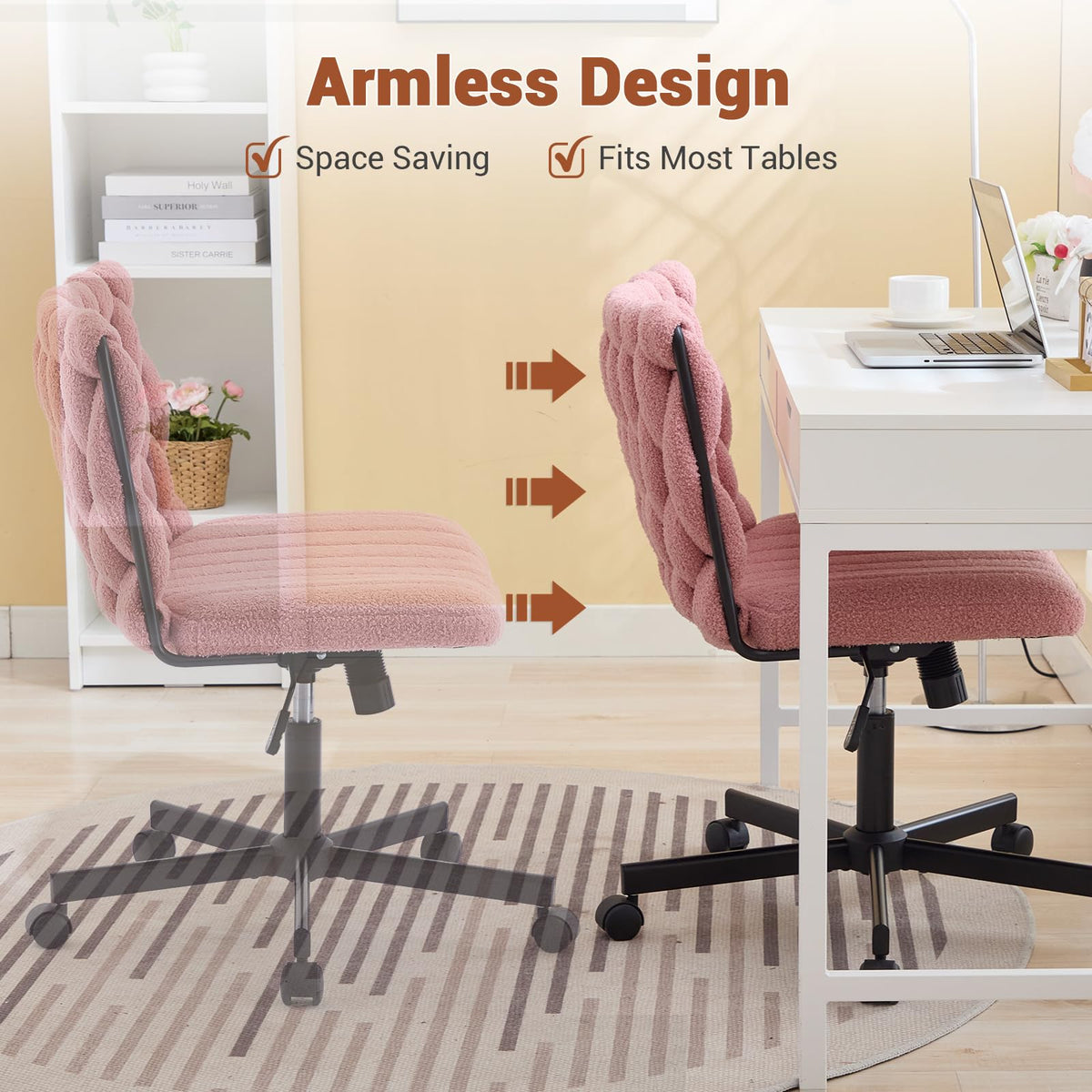 Garvee chaise de bureau criss cross à roulettes, assise large, sans accoudoirs, pivotante, structure en métal, rose, idéale pour le bureau à domicile et la coiffeuse, 66 cm, confortable