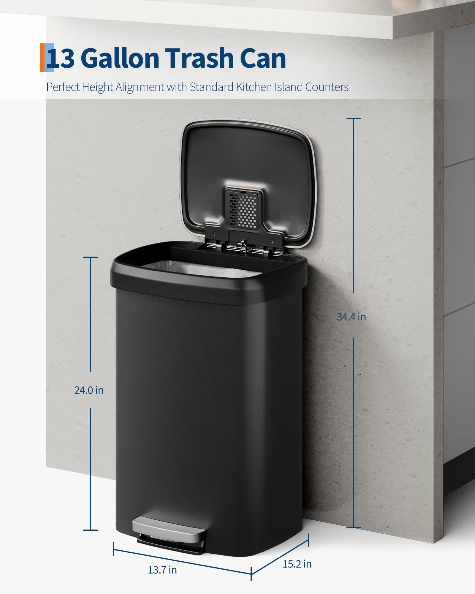 Poubelle Garvee 13 gallons en plastique avec couvercle, antirouille, fermeture amortie, ABS, pour la cuisine et le bureau, grand format, blanche