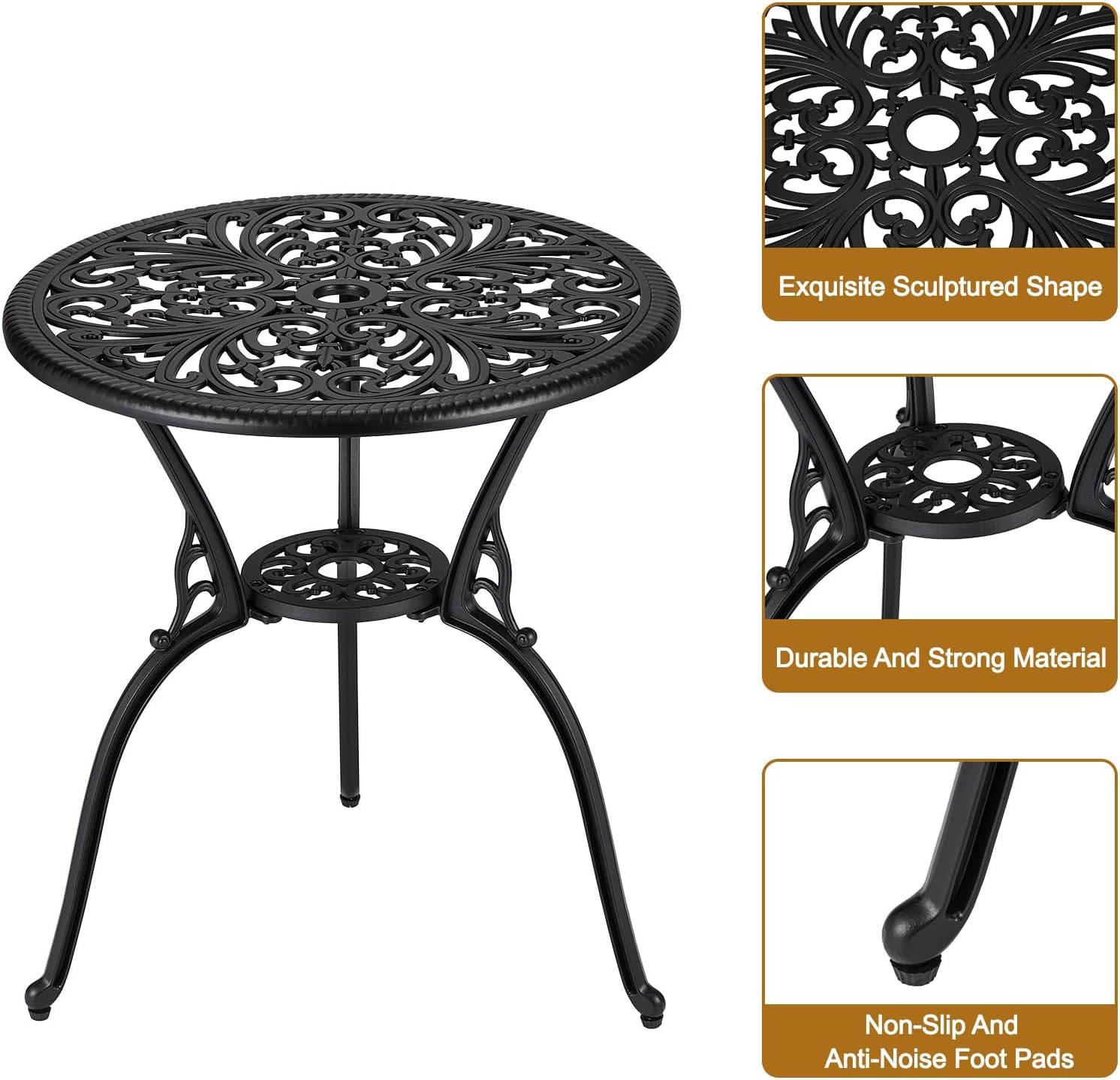 Ensemble bistro d'extérieur Garvee 3 pièces, en aluminium résistant aux intempéries et à la rouille, avec trou pour parasol, mobilier de jardin et de balcon, noir.