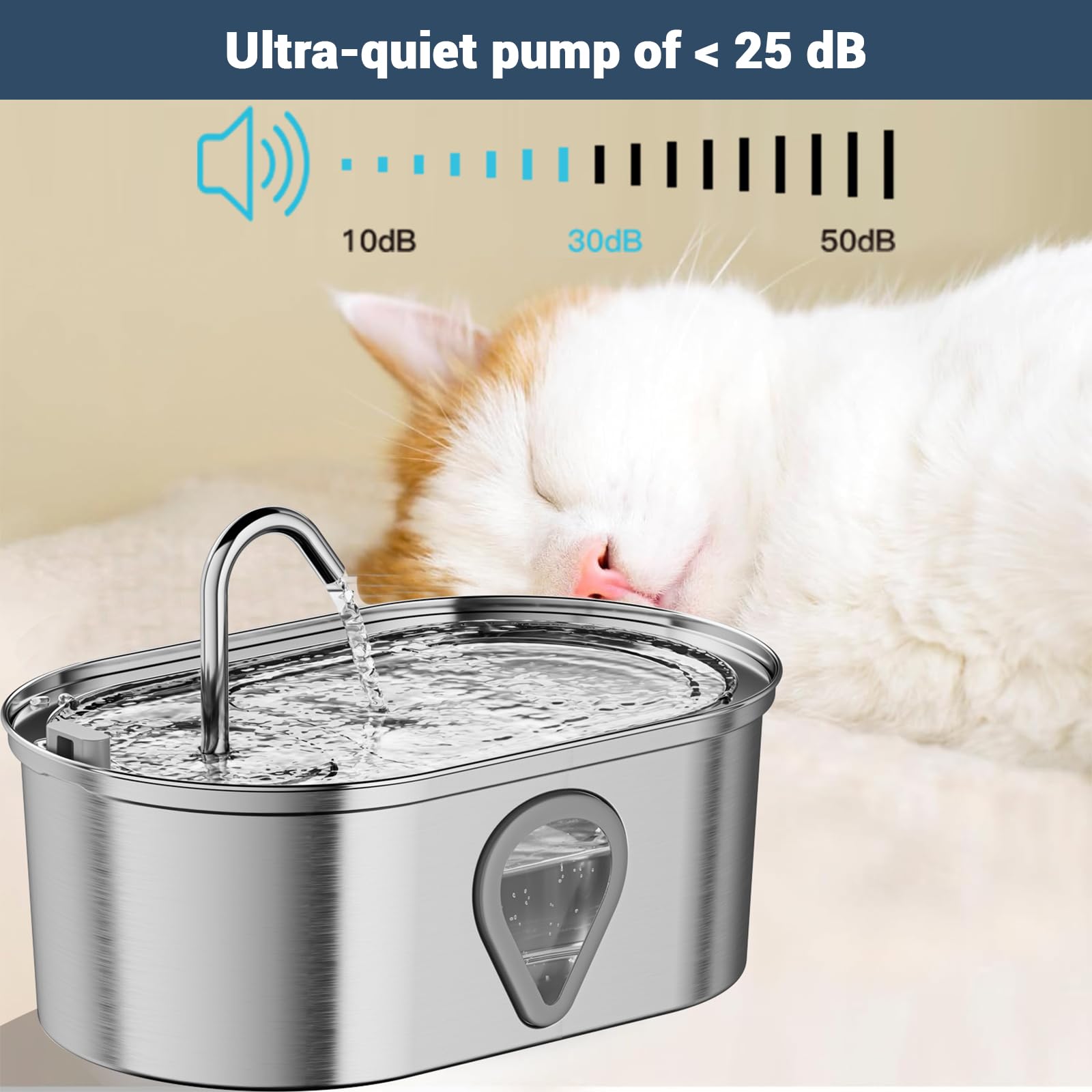 Fontaine à eau Garvee pour chats et chiens, 3,5 L, en acier inoxydable, avec pompe silencieuse, filtre et fenêtre d'observation.