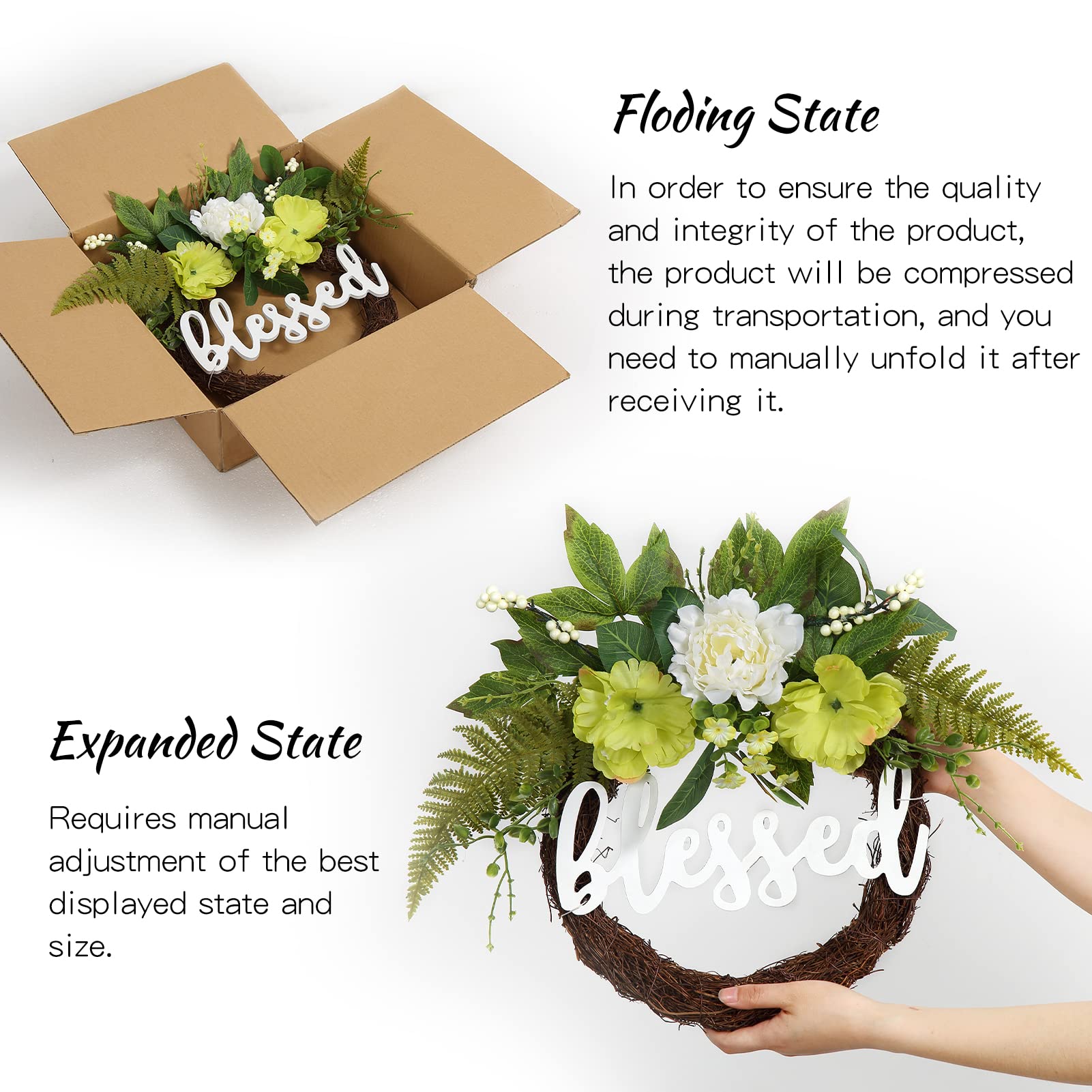 Couronne de porte Garvee Printemps-Été 61 cm (24 pouces) Hortensia vert, panneau « Béni », artificielle, faite à la main, résistante aux intempéries pour porte d'entrée et usage intérieur