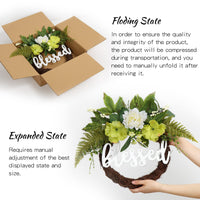 Couronne de porte Garvee Printemps-Été 61 cm (24 pouces) Hortensia vert, panneau « Béni », artificielle, faite à la main, résistante aux intempéries pour porte d'entrée et usage intérieur