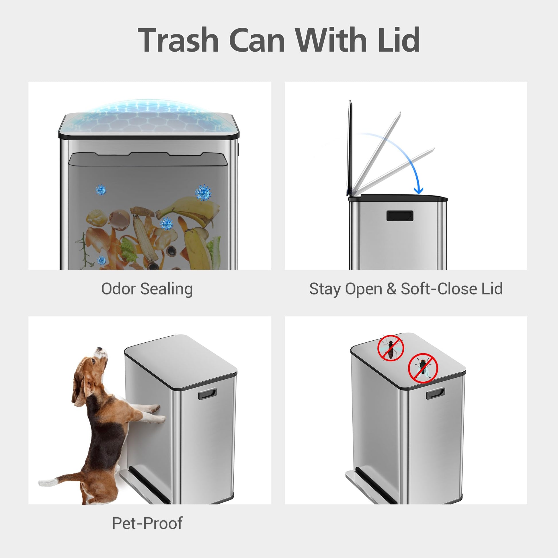 Poubelle Garvee en acier inoxydable, 60 litres, double compartiment, couvercle à fermeture douce, séparation des déchets, cuisine/bureau, 2 x 30 litres, argent