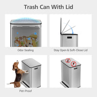 Poubelle Garvee en acier inoxydable, 60 litres, double compartiment, couvercle à fermeture douce, séparation des déchets, cuisine/bureau, 2 x 30 litres, argent