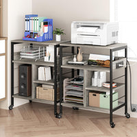 Support pour imprimante mobile Garvee grand format avec prises de courant et port USB, structure métallique à 4 niveaux, panneau MDF, roulettes avec freins, gris rustique, pour bureau et salon, 60 x 40 x 81 cm