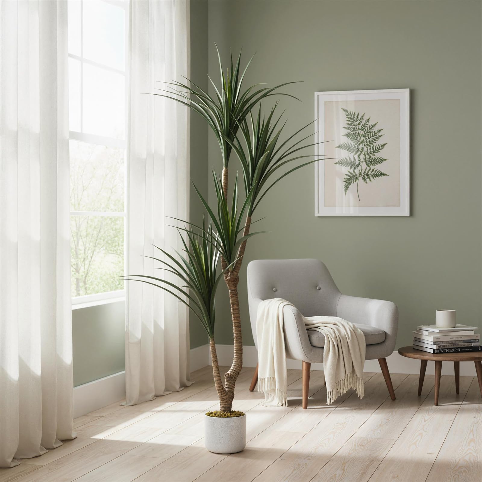 Arbre dracaena artificiel Garvee pour intérieur avec pot blanc, idéal pour un salon moderne. Facile d'entretien, durable et hypoallergénique.