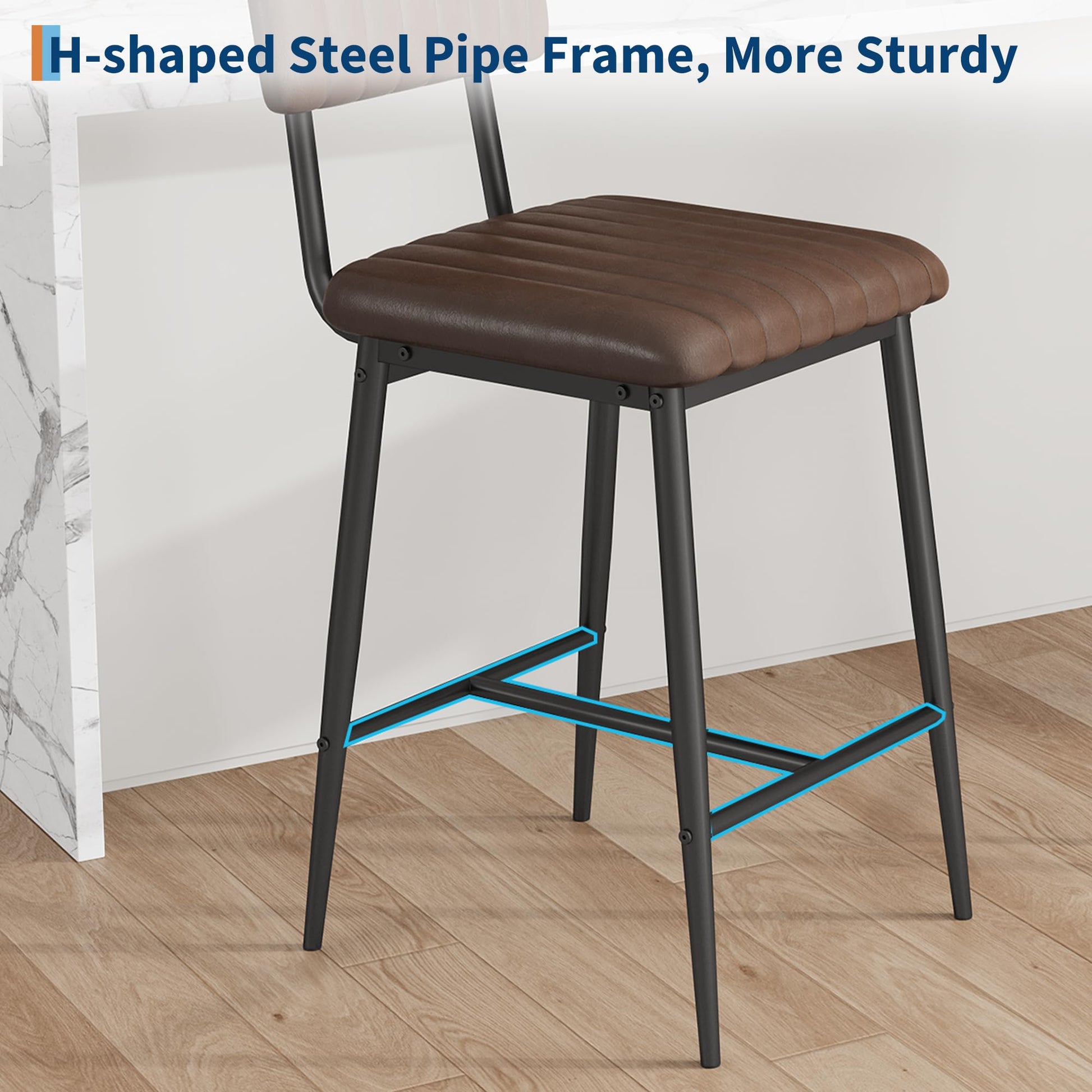 Ensemble de 2 tabourets de bar Garvee, revêtement en similicuir, rembourrage épais, pieds en métal, pour cuisine et îlot central, 65 cm, noir