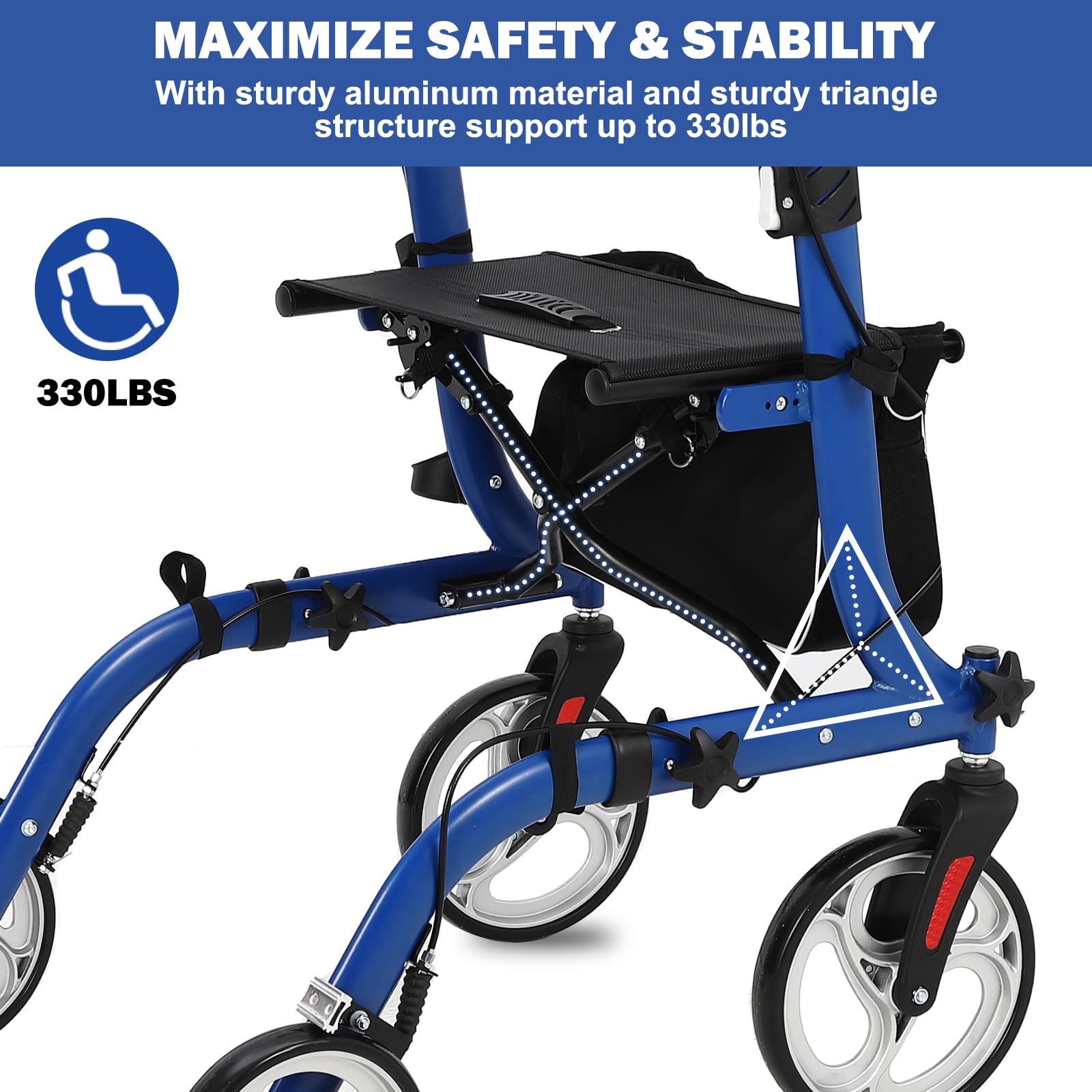 Garvee Déambulateur fauteuil 2 en 1 pour adulte, aluminium aérospatial léger, pliable et réglable, sans amortisseurs, roues à noyau argent, usage médical et extérieur, bleu et noir