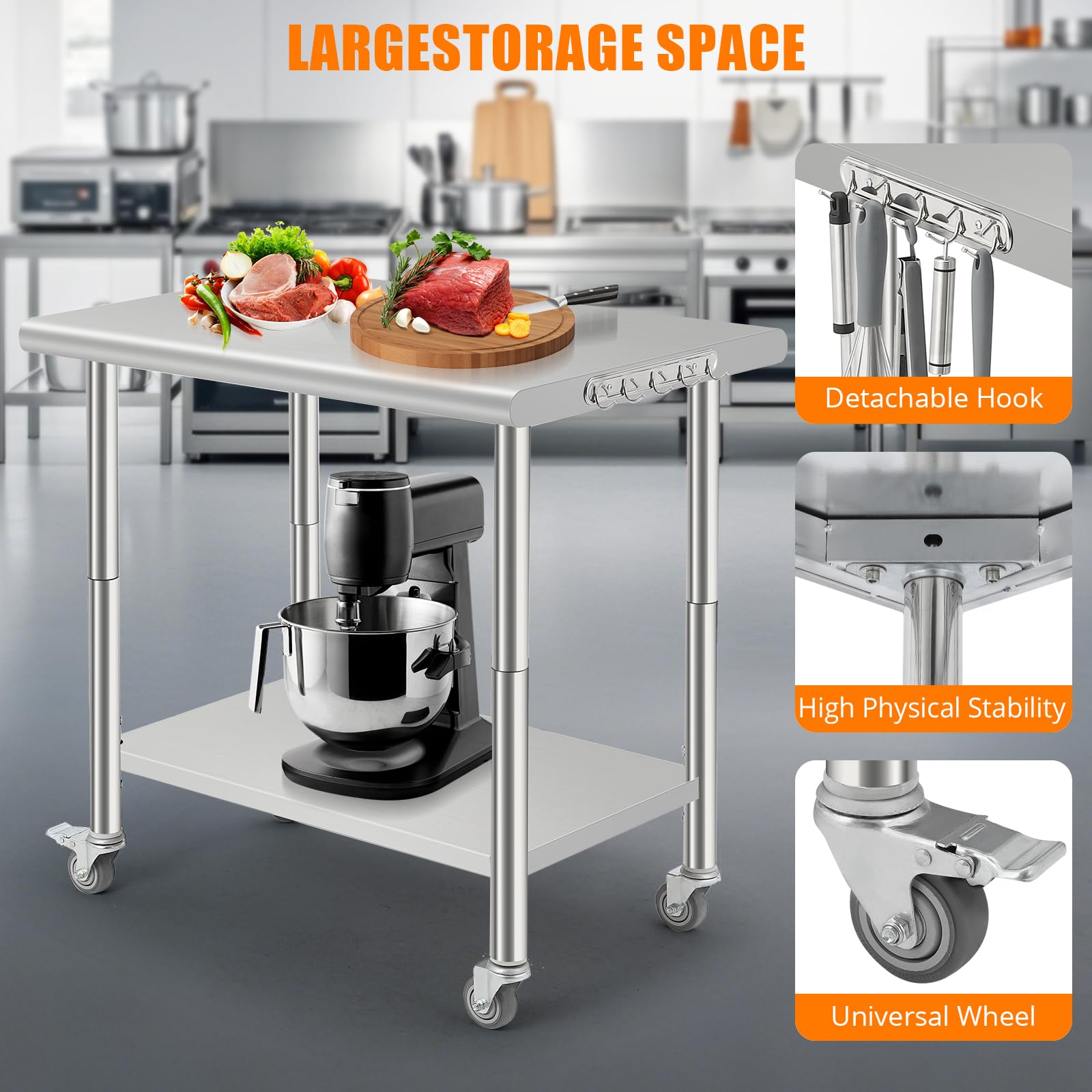 Garvee Table de travail en acier inoxydable 91 × 61 cm, plan professionnel avec roulettes pour cuisine et atelier