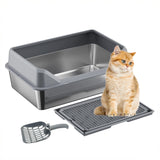 Bac à litière Garvee XL en acier inoxydable avec couvercle, profondeur 20 cm, antirouille, avec pelle à tamis, double tapis de litière, gris foncé, pour grands chats