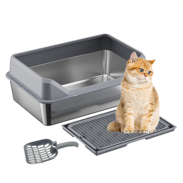 Bac à litière Garvee XL en acier inoxydable avec couvercle, profondeur 20 cm, antirouille, avec pelle à tamis, double tapis de litière, gris foncé, pour grands chats