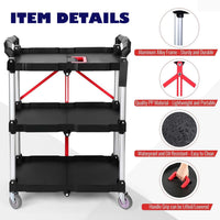 Garvee Chariot de service pliable robuste 80 kg, spécial cuisine, roulettes 360°, poignée rouge, plateaux PP, cadre aluminium, roues verrouillables, bureau et garage.