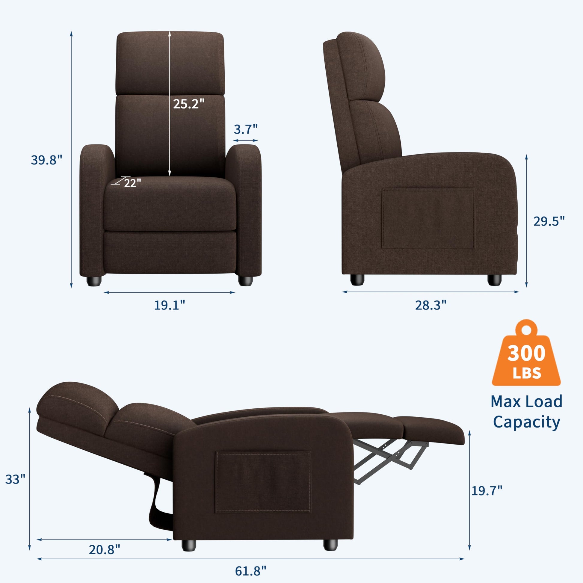 Fauteuil inclinable Garvee pour adultes, ergonomique et réglable, avec poche latérale, canapé de salon/home cinéma, dossier haut et assise rembourrée.