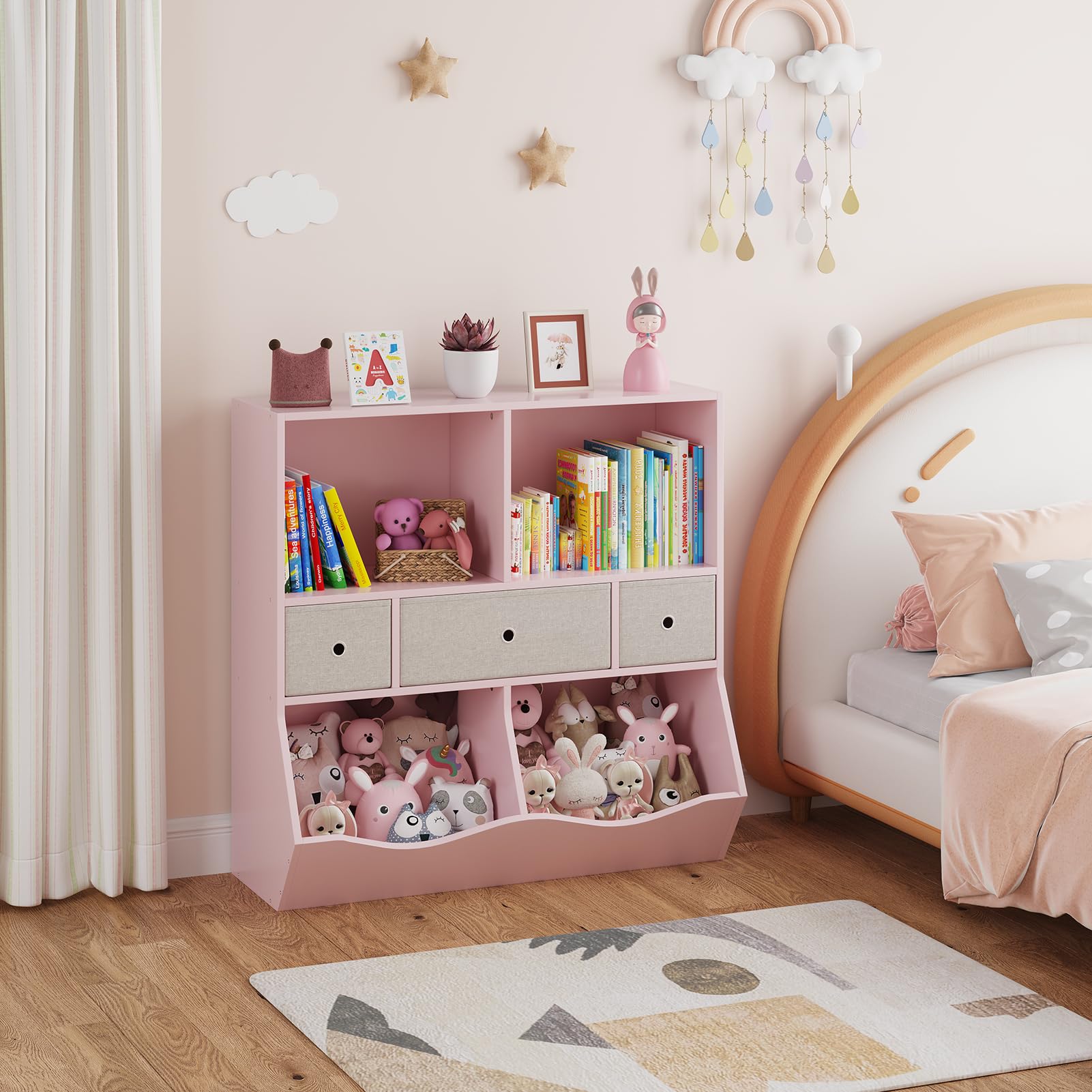 Organisateur de jouets pour enfants Garvee à 7 compartiments et 3 tiroirs, idéal pour la salle de jeux et le couloir, en bois rose, robuste et écologique.