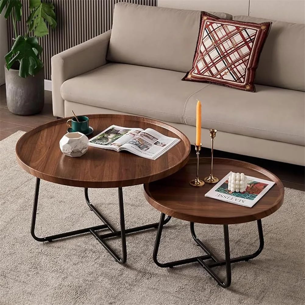 Ensemble de 2 tables basses gigognes Garvee rondes avec pieds antidérapants pour salon et bureau, 71 x 46 cm et 51 x 38 cm, marron