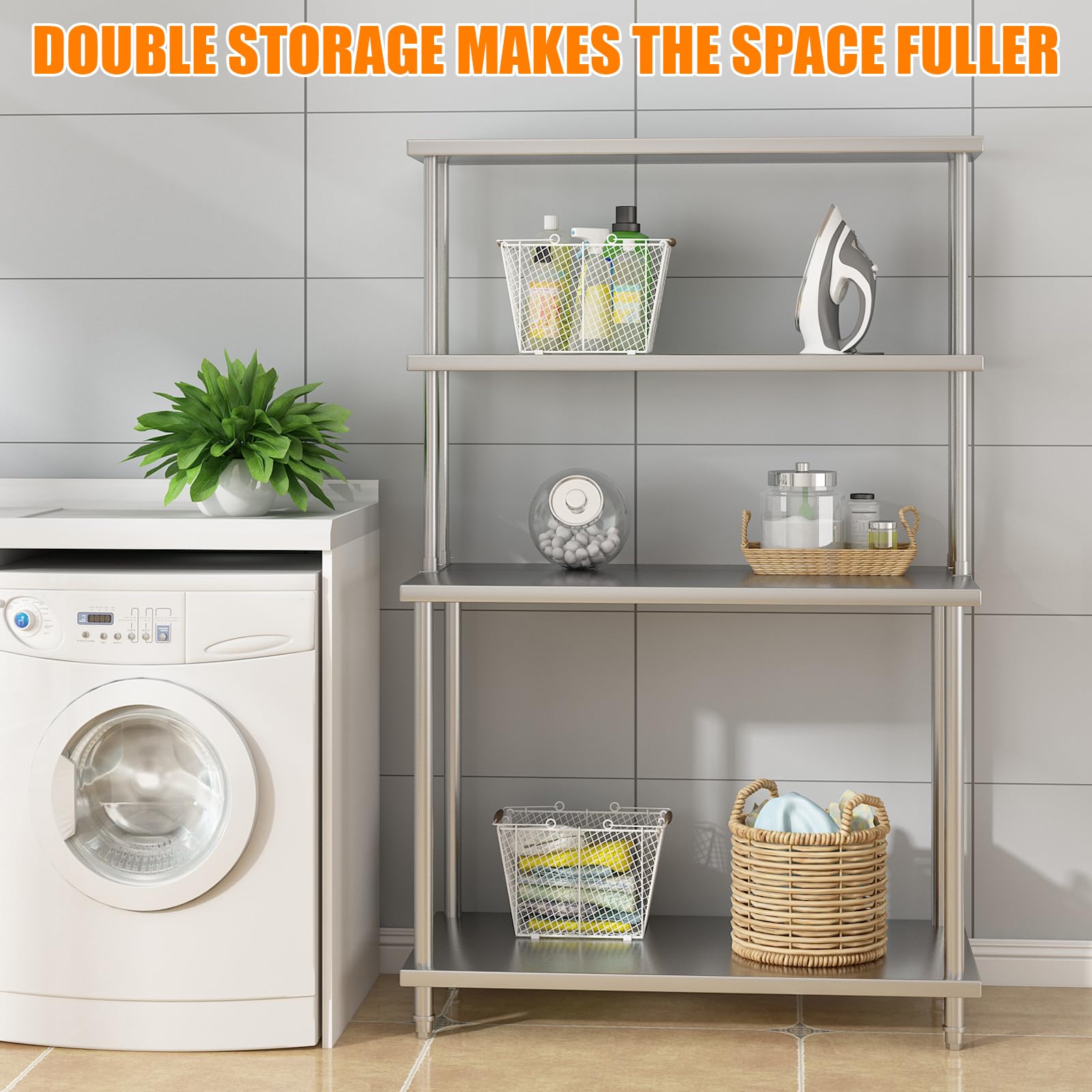 Étagère double supérieure Garvee en acier inoxydable 12 x 48 pouces, réglable, à 2 niveaux, pour cuisine et atelier, résistante à la rouille et robuste.