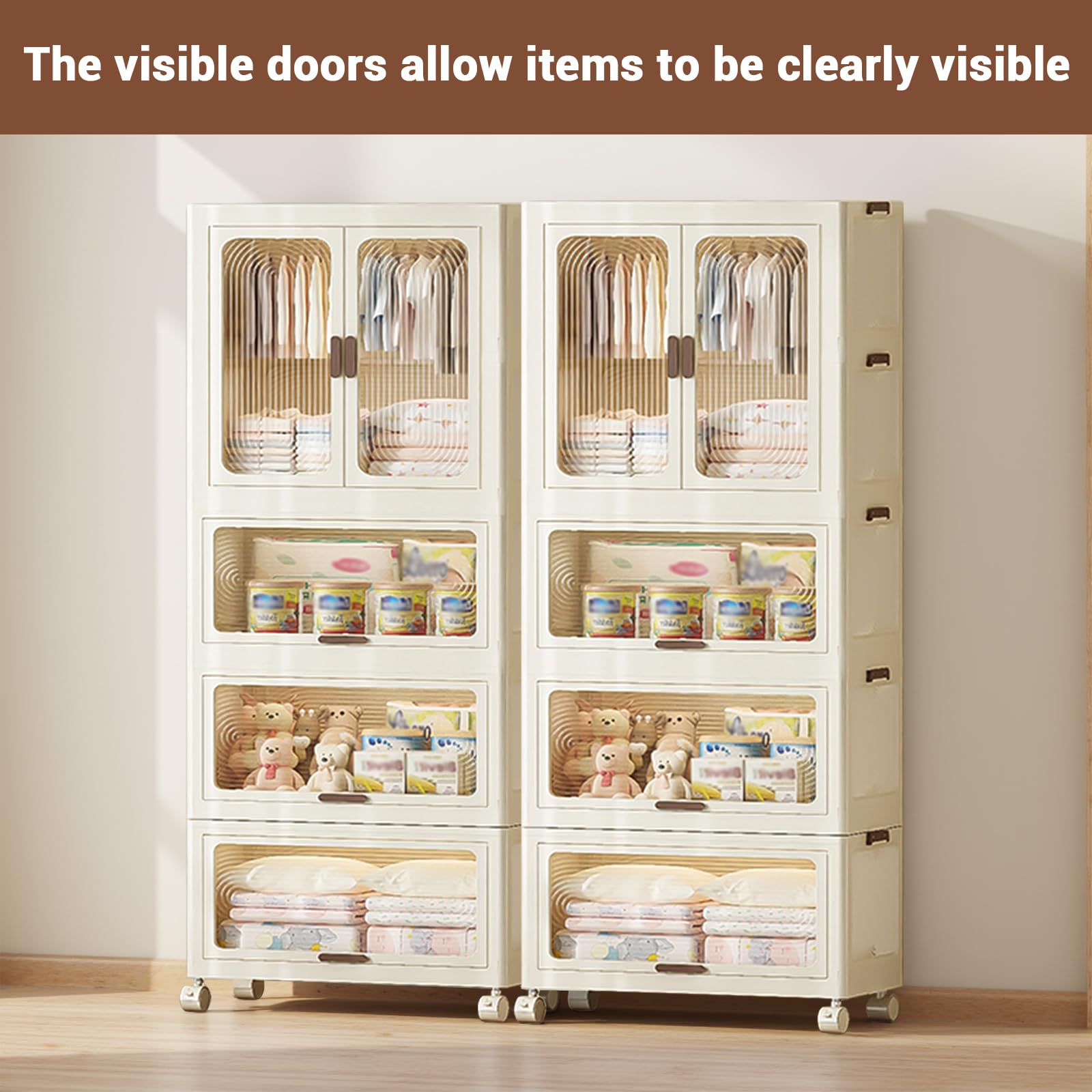 Armoire portable Garvee à 4 niveaux pour enfants avec portes, tringle à vêtements en plastique et 10 cintres pour chambre et salle de jeux