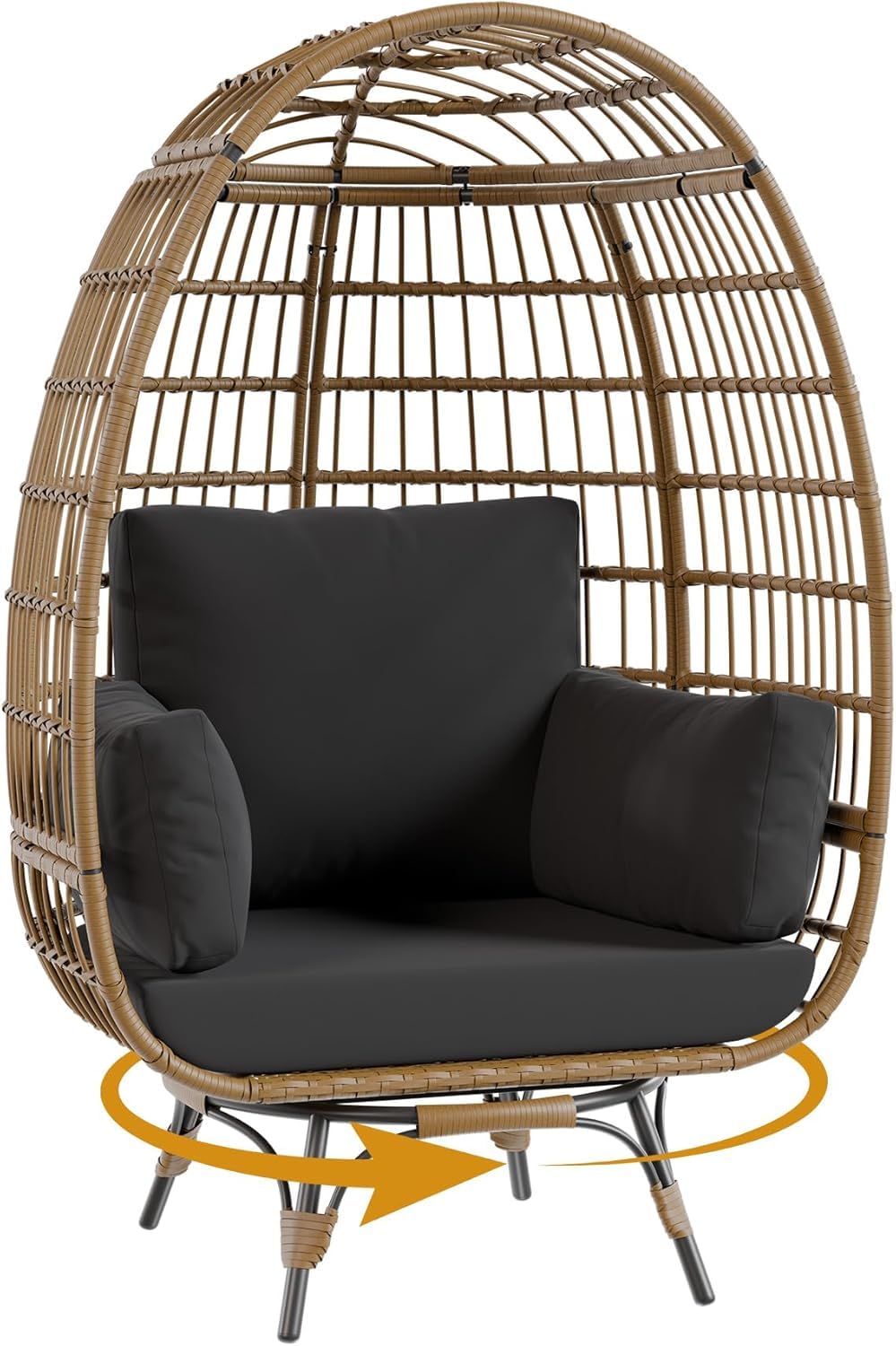 Fauteuil œuf pivotant à 360° Garvee en rotin avec structure en acier, pour terrasse et jardin, surdimensionné, résistant aux intempéries, intérieur/extérieur, avec 4 coussins, noir