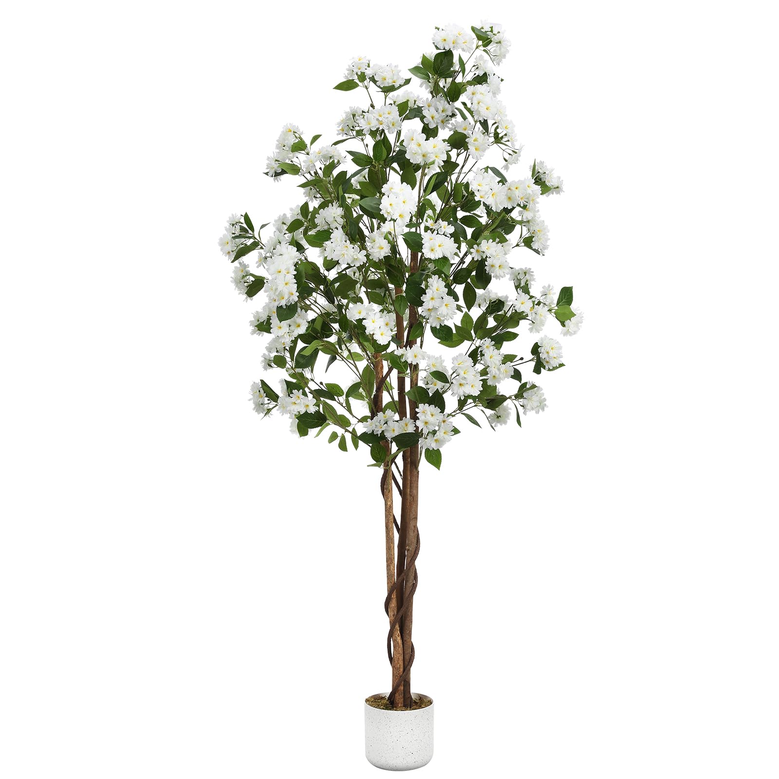 Osmanthus artificiel Garvee de 1,80 m avec 252 fleurs blanches, tronc en bois naturel, sans entretien, pot stable pour la décoration intérieure et extérieure