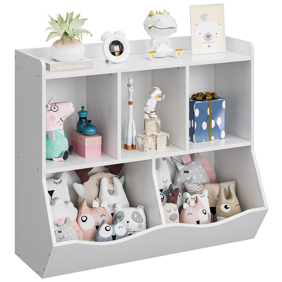 Bibliothèque pour enfants Garvee avec 3 compartiments ouverts et 2 boîtes basculantes, idéale pour la chambre et la salle de jeux. En bois naturel, 36 x 11 x 31 cm.