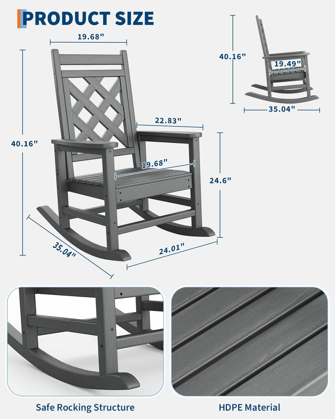 Fauteuil à bascule Adirondack surdimensionné Garvee, en PEHD résistant aux intempéries, pour terrasse, jardin, piscine, capacité de charge de 172 kg, structure en bois