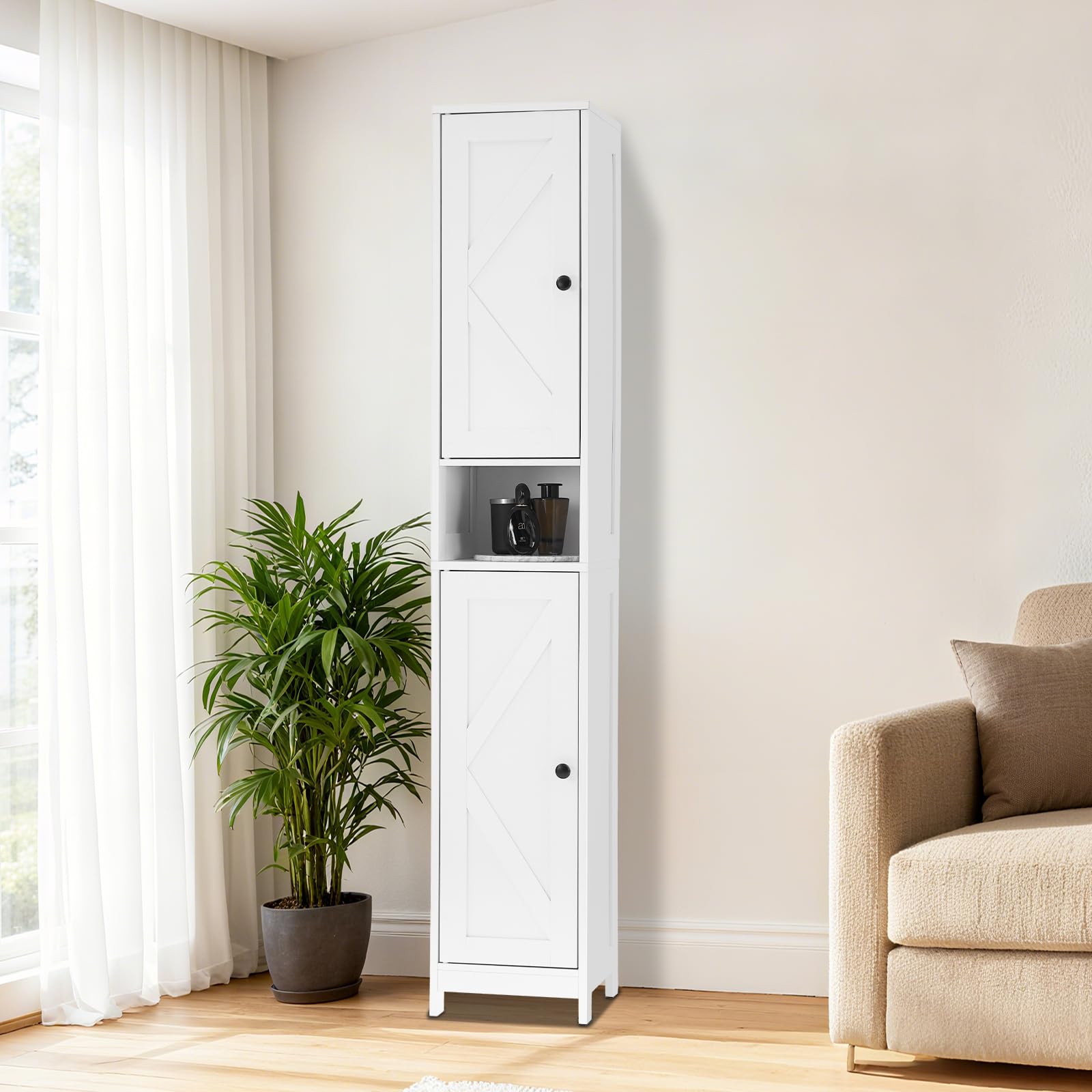 Meuble de salle de bain Garvee 170 cm de haut avec 2 portes coulissantes, 1 tiroir, pour salle de bain et cuisine, en bois, étroit, robuste et polyvalent, avec portes en acrylique transparent et blanc.