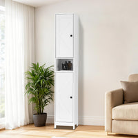 Meuble de salle de bain Garvee 170 cm de haut avec 2 portes coulissantes, 1 tiroir, pour salle de bain et cuisine, en bois, étroit, robuste et polyvalent, avec portes en acrylique transparent et blanc.