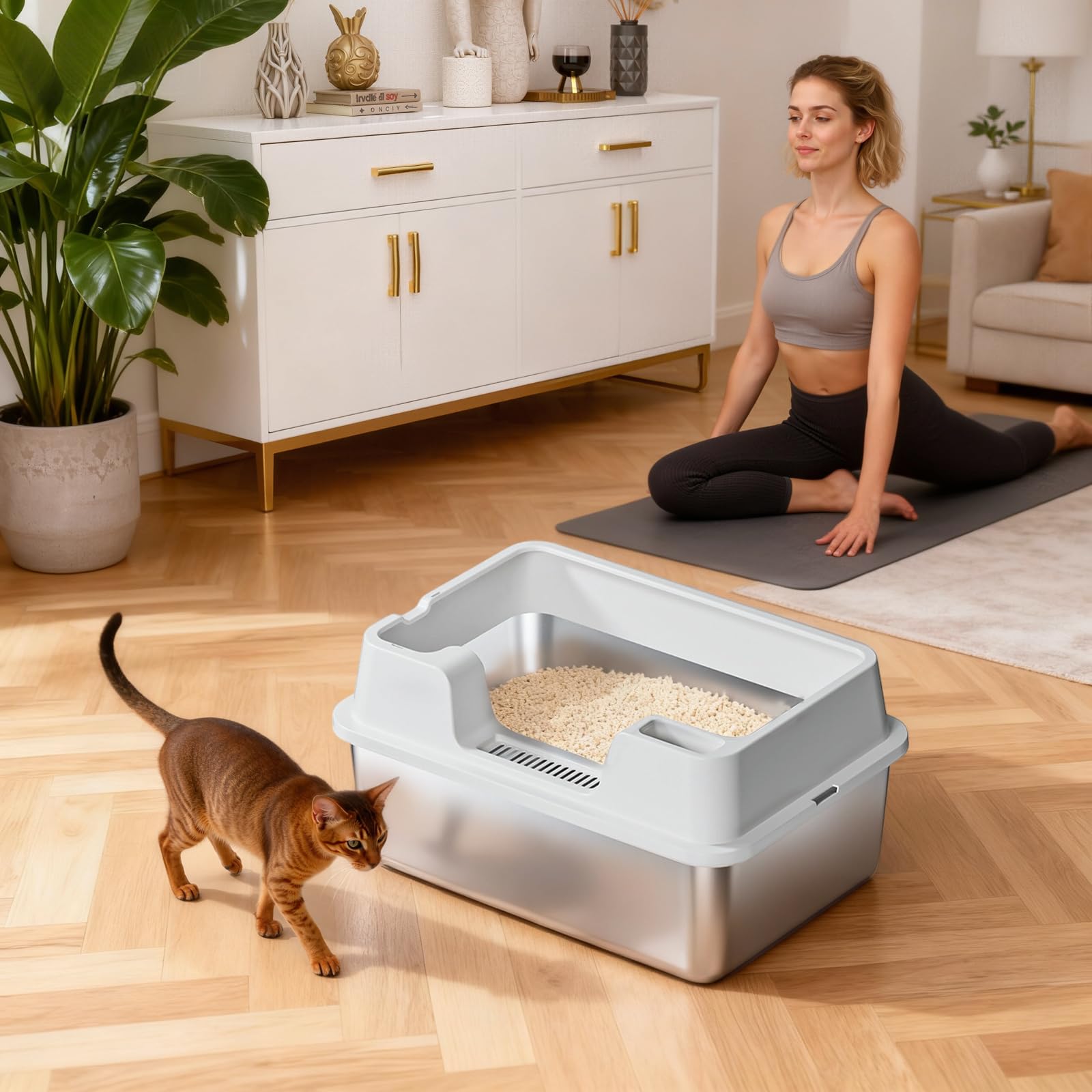 Bac à litière Garvee grand format en acier inoxydable 34 L, semi-fermé avec tapis antidérapant, pour plusieurs chats, 60 x 40 x 22 cm, blanc naturel