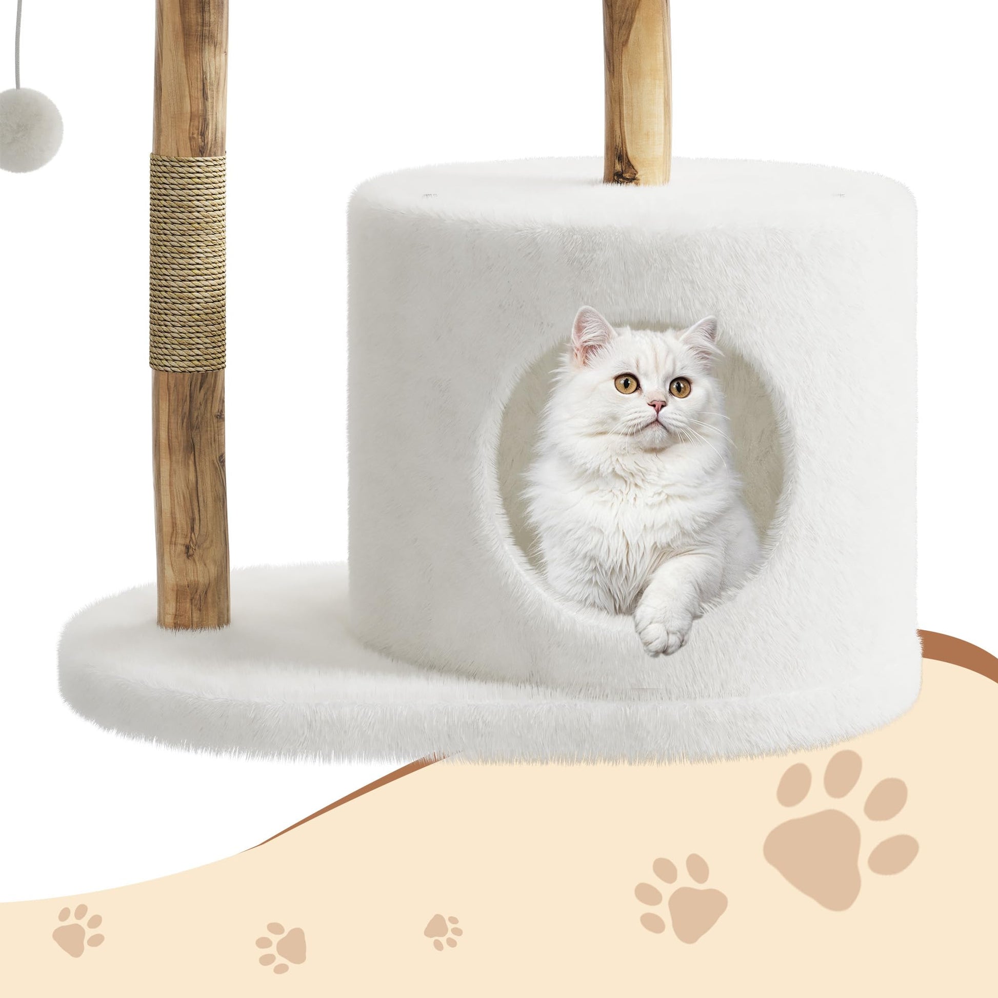 Arbre à chat Garvee 43'' en bois naturel avec panier en rotin pour salon, stable pour les grands chats, design moderne, peluche douce