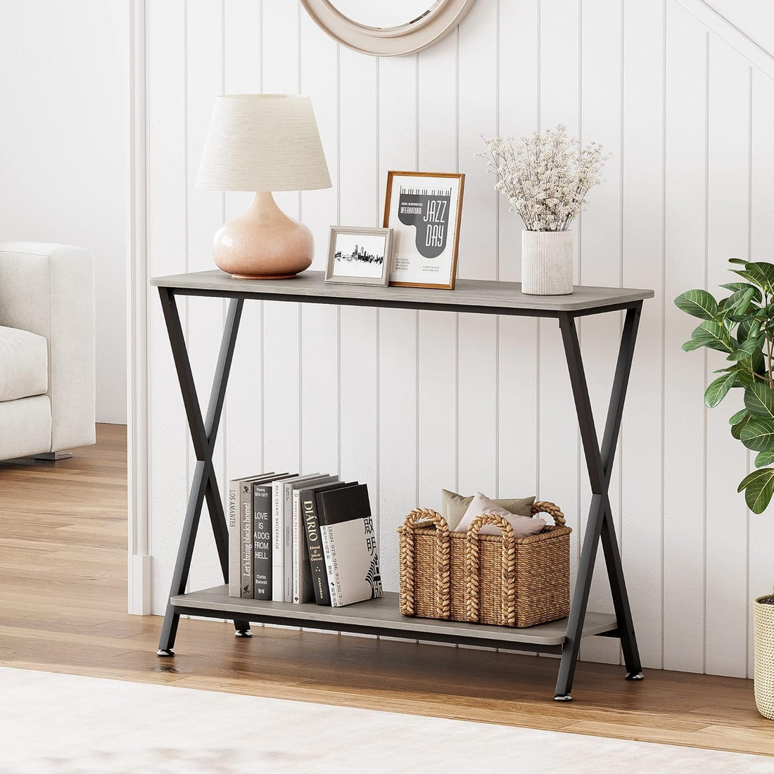 Garvee console étroite, 2 niveaux, style industriel, bois MDF et métal, pour salon et entrée, 85 cm (l) x 30 cm (l) x 81 cm (h), noire, noir