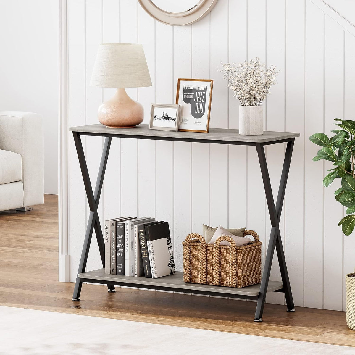 Console étroite Garvee, 2 niveaux, style industriel, bois MDF et métal, pour salon et entrée, 85 cm (L) x 30 cm (l) x 81 cm (H), noire