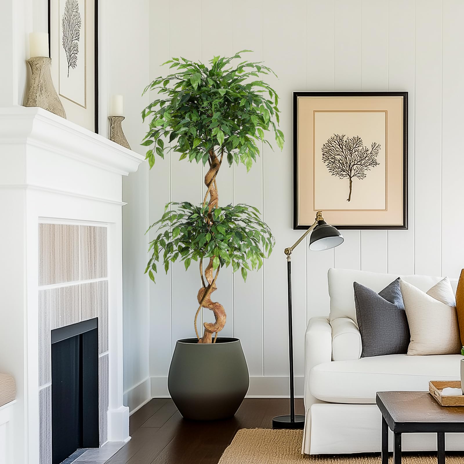 Ficus artificiel Garvee de 1,5 m avec tronc courbé, plus de 1134 feuilles en soie, pot blanc pour bureau et salon