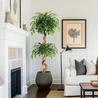 Ficus artificiel Garvee de 1,5 m avec tronc courbé, plus de 1134 feuilles en soie, pot blanc pour bureau et salon