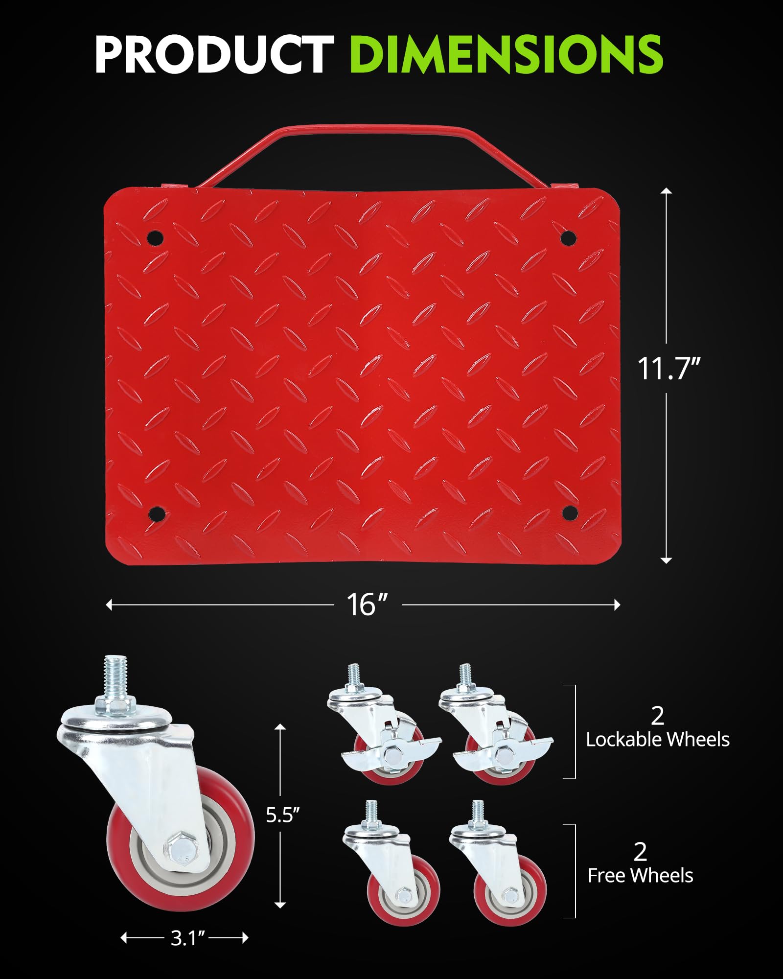 Ensemble de chariots pour pneus Garvee, capacité de charge de 2722 kg (6000 lb), roues pivotantes à 360°, acier antidérapant, 40,6 cm x 33 cm (16 po x 13 po), rouge, pour atelier et garage