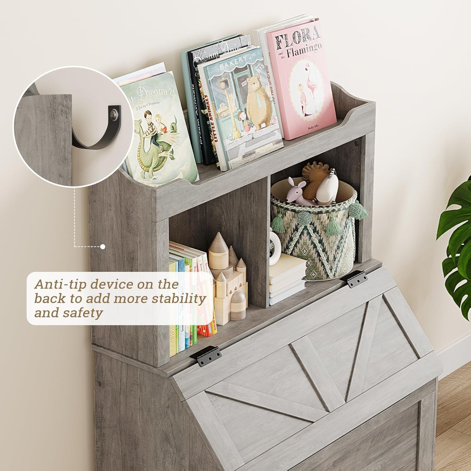 Étagère pour enfants Garvee avec couvercle à charnières, 2 niveaux, en bois, robuste et résistante aux rayures, protection anti-basculement pour salles de jeux et chambres d'enfants, grand format, bois naturel