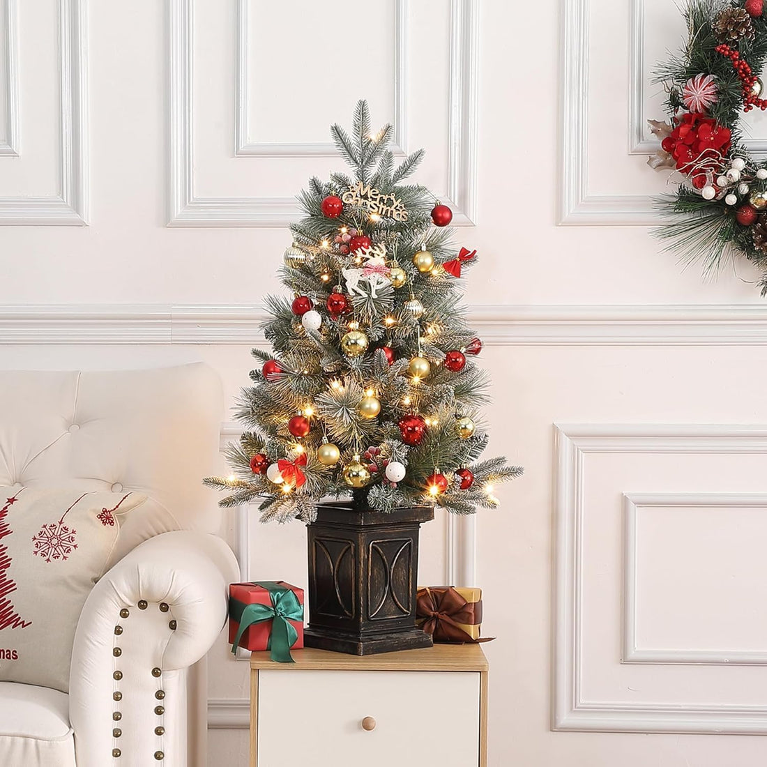 Sapin de Noël artificiel Garvee, 1 pièce – 90 cm, 78 LED (blanc chaud), 8 modes d'éclairage, base semi-circulaire, fibre optique, effet givré